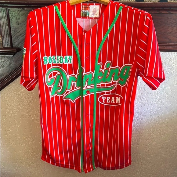 Spencer’s Adult Small NWOT Red Holiday Drinking Team Baseball Christmas Jersey - Picture 1 of 6